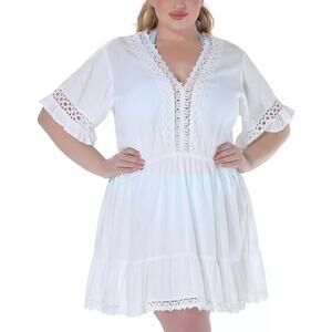 Raviya Plus Size Lace-Inset Mini Cover-Up Dress, White, Size 0X 0351